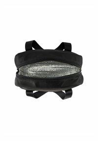 Czarna torba o gładkiej, gumowej powierzchni, z wewnętrzną srebrną wyściółką w wzory i podwójnym designem uchwytów. Zamek błyskawiczny wzdłuż górnej krawędzi.