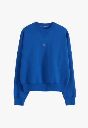 Felpa blu con girocollo, maniche lunghe e piccolo logo bianco "aimn" al centro del petto. Polsini e orlo a costine.