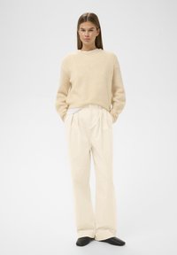 Pulover tricotat bej, cu o croială relaxată. Pantaloni crem, largi, cu plii. Băcăni negre cu vârf ascuțit. Paletă de culori neutră, texturi moi.