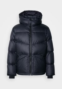 Casaco acolchoado em azul marinho escuro. Apresenta gola alta, fecho de correr e dois bolsos frontais. O material parece liso e brilhante.