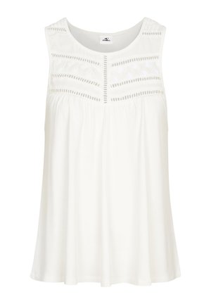 Top bianco senza maniche realizzato in tessuto leggero, con ricami testurizzati sullo scollo e una vestibilità ampia e morbida.