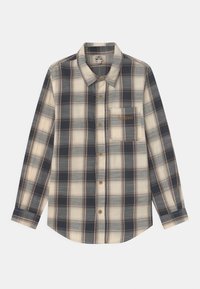 Gecellaneous button-up shirt in blauw, crème en bruin. Gemaakt van zachte stof met een borstzak en gouden geborduurd detail. Lange mouwen.