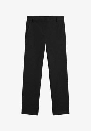 Pantaloni neri con design a gamba dritta, realizzati in un tessuto liscio. Presentano tasche anteriori e una cintura piatta.