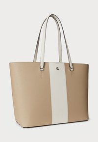 Tan leather tote bag with a white vertical stripe, smooth texture, dual top handles, and a small logo in the center.