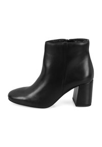 Schwarze Lederstiefelette mit spitzem Zehenbereich, hohem Blockabsatz, glatter Oberfläche und Reißverschluss auf der Rückseite.