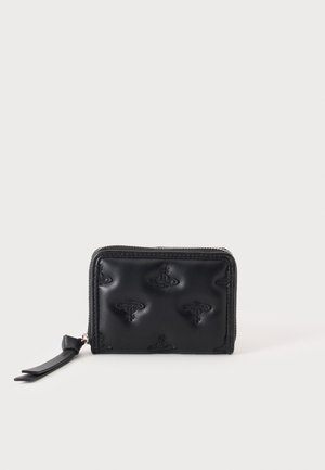 Black leather zippered wallet with embossed orb logos and a leather zipper pull on a light background.