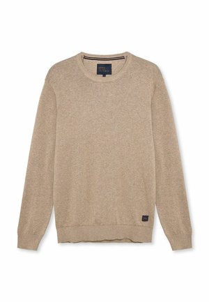Beige trui met ronde hals, lange mouwen, geribde manchetten en zoom en een klein zwart merklabel aan de onderkant links.