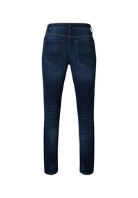 Donkerblauwe denim jeans met een slim fit, met een klassiek vijf-pocket ontwerp en subtiele stiksels op de achterzakken.
