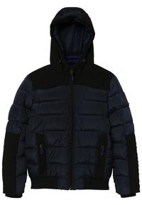 Vadderad huva jacka i marinblått med svarta detaljer. Har blixtlåsade sidofickor, ribbade ärmslut och en frontdragkedja.