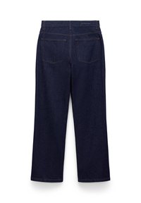 Dark blue denim straight-leg jeans with a mid-rise waistband, two back pockets, and subtle stitching details. Smooth texture with minimal distressing.