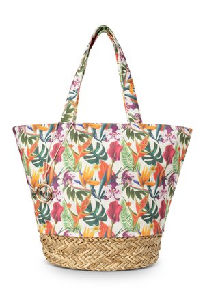 Grand sac tote avec un imprimé floral aux couleurs vives, base en paille tissée texturée et deux poignées en tissu. Doté d'un accent décoratif en métal.