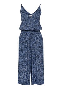 Combinaison sans manches à imprimé léopard bleu et noir avec décolleté en V, ceinture à taille ajustable et pantalon évasé.