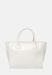 Witte handtas met krokodillenpatroon, gemaakt van synthetisch materiaal, met twee korte handgrepen en een gestructureerde rechthoekige vorm.