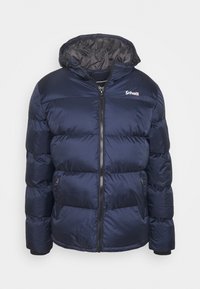 Námořnická modrá péřová bunda s kapucí, plným předním zipem, dvěma bočními kapsami na zip a logem "Schott" na hrudi.