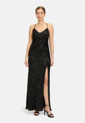 Schwarzes, mit Pailletten besetztes Abendkleid mit figurbetontem Oberteil, V-Ausschnitt, dünnen Trägern und einem seitlichen Schlitz bis zum Oberschenkel. Glatte Textur, bodenlanges Design.
