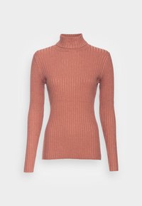 Ruskocolorinen ribbireunuksellinen pooloneule, jossa on pitkät hihat ja istuva muotoilu. Kankaan pinta on pehmeä ja siinä on hienoja pystysuoria raitoja.