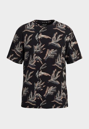 Schwarzes T-Shirt mit kurzen Ärmeln, beige-grauen abstrakten Blattmustern, rundem Ausschnitt und regulärer Passform.