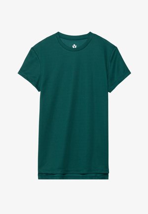T-shirt à manches courtes teal en tissu doux, avec un col rond et un ourlet droit, sans motifs ni accents visibles.