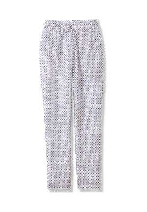 Lichte katoen pyjamabroek met een witte achtergrond en een klein, kleurrijk geometrisch patroon. Elastische tailleband met een trekkoord. Rechte pijpen.