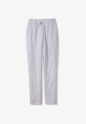 Lichte katoen pyjamabroek met een witte achtergrond en een klein, kleurrijk geometrisch patroon. Elastische tailleband met een trekkoord. Rechte pijpen.