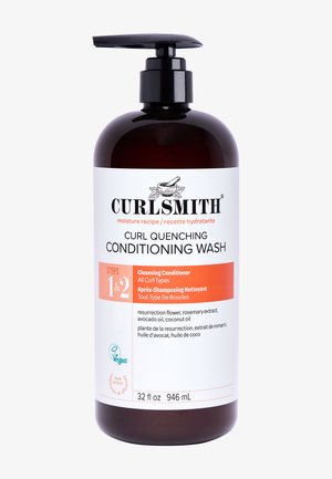 Curlsmith Curl Quenching Conditioning Wash bottle with pump, for all curl types, containing avocado, rosemary, coconut oils, labeled vegan and 946 ml.