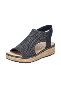 Czarne plecione klapki z otwartym palcem i elastycznym tyłem. Posiadają korek jako środkową podeszwę oraz teksturowaną gumową podeszwę zewnętrzną zapewniającą przyczepność.