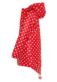 Rote wasserdichte Regenjacke mit weißen Punkten, ausgestattet mit einer Kapuze, zwei Taschen und verstellbaren Kordelzügen am Saum.