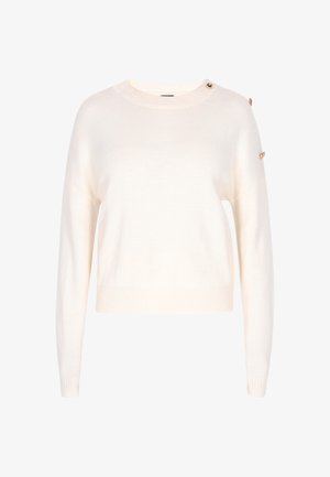 Crème-kleurige gebreide trui met een ronde hals en lange mouwen. Kenmerkt zich door gouden knopenaccenten op de schouder en een geribbelde zoom.