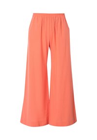 Wijduitlopende broek in een levendige koraalkleur, gemaakt van lichte stof. Elastische tailleband en zonder zakken, met een gladde textuur.