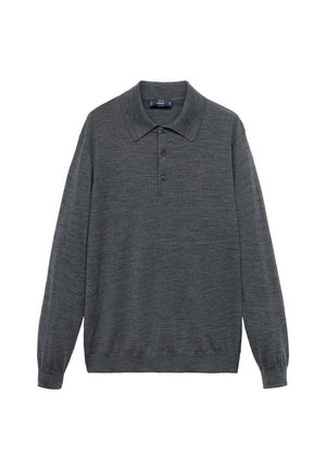Camisa polo de manga larga en gris oscuro, hecha de tela suave. Presenta un cuello clásico, tapeta de tres botones y puños y dobladillo acanalados.