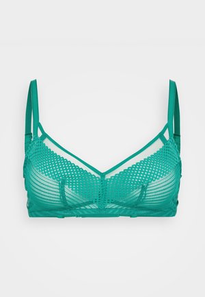Teal mrežasti bralette s trokutastim šalicama, ukrašen dijamantnim uzorkom i podesivim trakama. Lak materijal koji omogućava prozračnost.