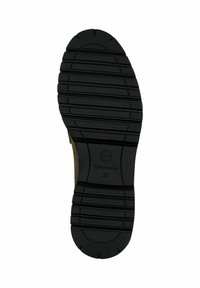 Semelle de chaussure en caoutchouc noir avec une texture antidérapante et des stries ; présente un logo estampé et la taille "37". Plate avec des bords arrondis pour le confort.