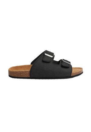 Sort to-straps sandal med metalliske spænder, korksål, gummisål og blødt tekstureret overmateriale, designet til komfort og afslappet brug.