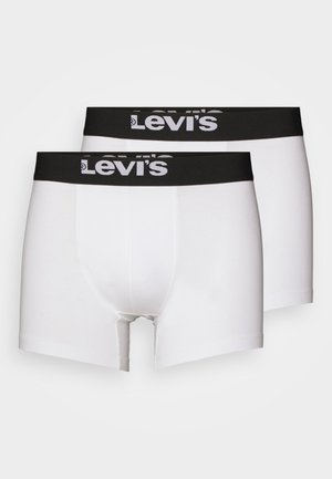 Weisse Baumwoll-Boxershorts mit einem schwarzen elastischen Bund, auf dem das "Levi's"-Logo abgebildet ist. Glatte Textur und körperbetontes Design. Zwei Paare abgebildet.