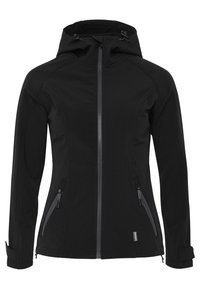 Czarna kurtka softshell o dopasowanym kroju, z regulowanym kapturem, zamkiem błyskawicznym z przodu i dwoma zapinanymi na zamek bocznymi kieszeniami. Gładka tekstura.