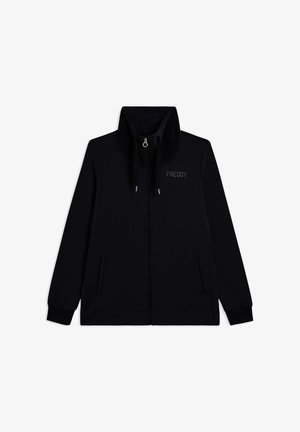 Giacca nera con zip e colletto alto, realizzata in tessuto morbido. Presenta tasche frontali e un logo discreto stampato sul petto.