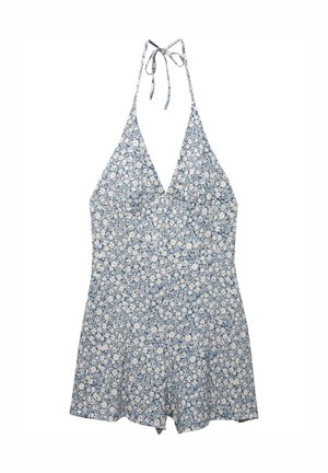 Blue floral swimsuit with a halter neck, featuring a V-neckline and a fitted bodice. The fabric has a delicate white floral pattern.