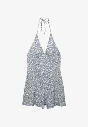 Modrý květinový plavky s halter krkem, s V-výstřihem a přiléhavým tělem. Materiál má jemný bílý květinový vzor.