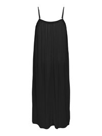 Robe longue noire sans manches avec fines bretelles ajustables et détail d'encolure froncée.