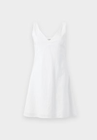 Weißes Kleid aus leichtem Stoff, mit V-Ausschnitt, dünnen Trägern und einer A-Linie-Silhouette mit leichtem Textur.