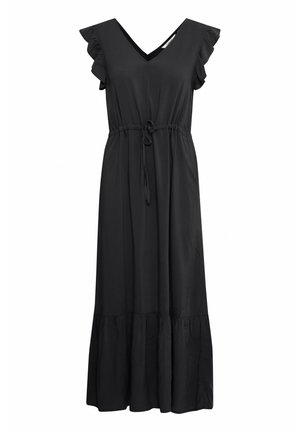 Černé maxi šaty s výstřihem do V, volánovými rukávy, nastavovací šňůrkou v pase a rozšířeným dolním lemem. Vyrobeno z měkké, lehké tkaniny.