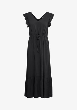 Black maxi dress with a V-neckline, ruffled sleeves, adjustable tie waist, and a flared bottom hem. Made from soft, lightweight fabric.