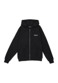 Felpa nera con zip, realizzata in cotone, dotata di tasca frontale e cappuccio con coulisse. Presenta testo bianco e un design semplice.