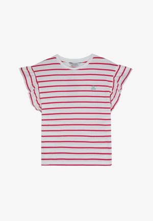 Weißes T-Shirt mit kurzen Ärmeln und roten horizontalen Streifen. Verfügt über geraffte Ärmel und ein kleines türkises Schädel-Logo auf der Brust.