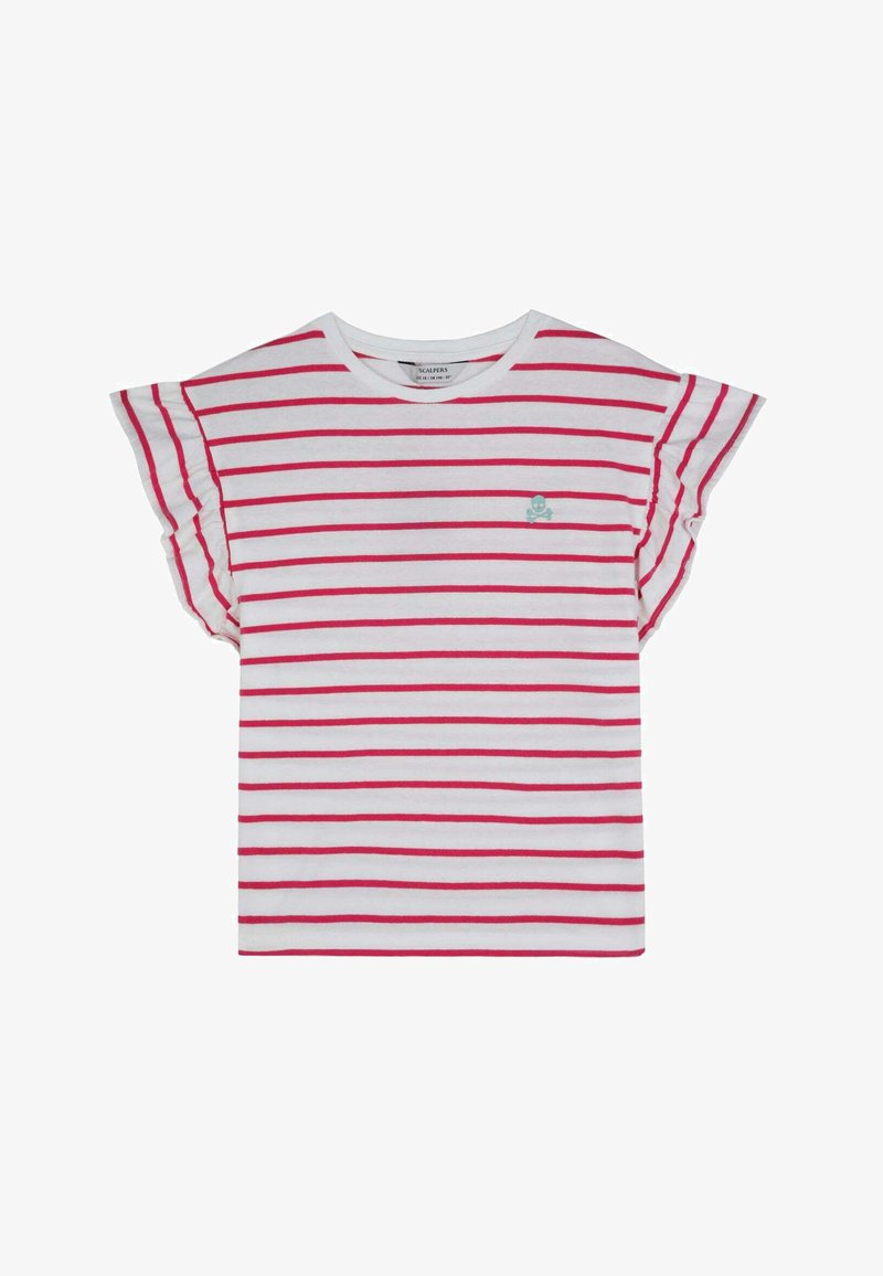 Hvid kortærmet t-shirt med røde vandrette striber. Har volanger på ærmerne og et lille turkist dødningehovedlogo på brystet.