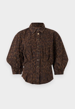 Chemise à manches longues imprimé léopard marron avec boutonnage devant, taille structuré, manches larges et col classique.
