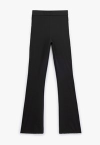 Sorte flare leggings lavet af strækbart materiale, med en bred talje og glat tekstur, designet til komfortabelt brug.