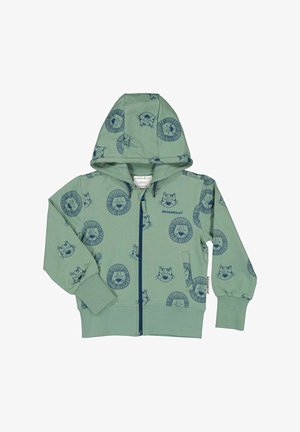 Vihreä vetoketjullinen huppari, jossa on huppu, jossa on tummansiniset leijona- ja kasvojen kuviot. Valmistettu pehmeästä kankaasta, jossa on ribbireunat hihansuissa ja tasku.