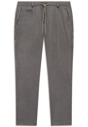 Men's gray slim-fit trousers with drawstring waist, button closure, side pockets, and a textured fabric pattern.