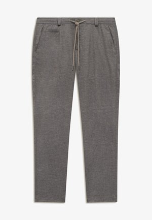 Herren graue Slim-Fit-Hose mit Kordelzug am Bund, Knopfverschluss, Seitentaschen und strukturiertem Stoffmuster.